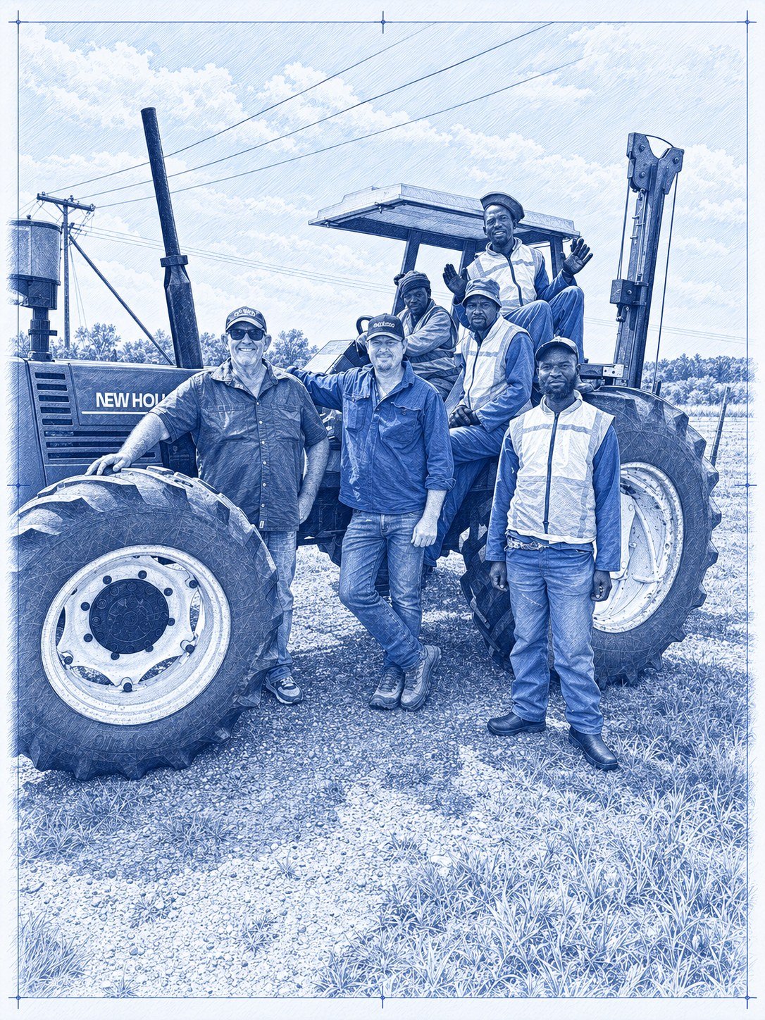 Blueprint-style drawing of a field crew gathered around a tractor-mounted source on a survey site.