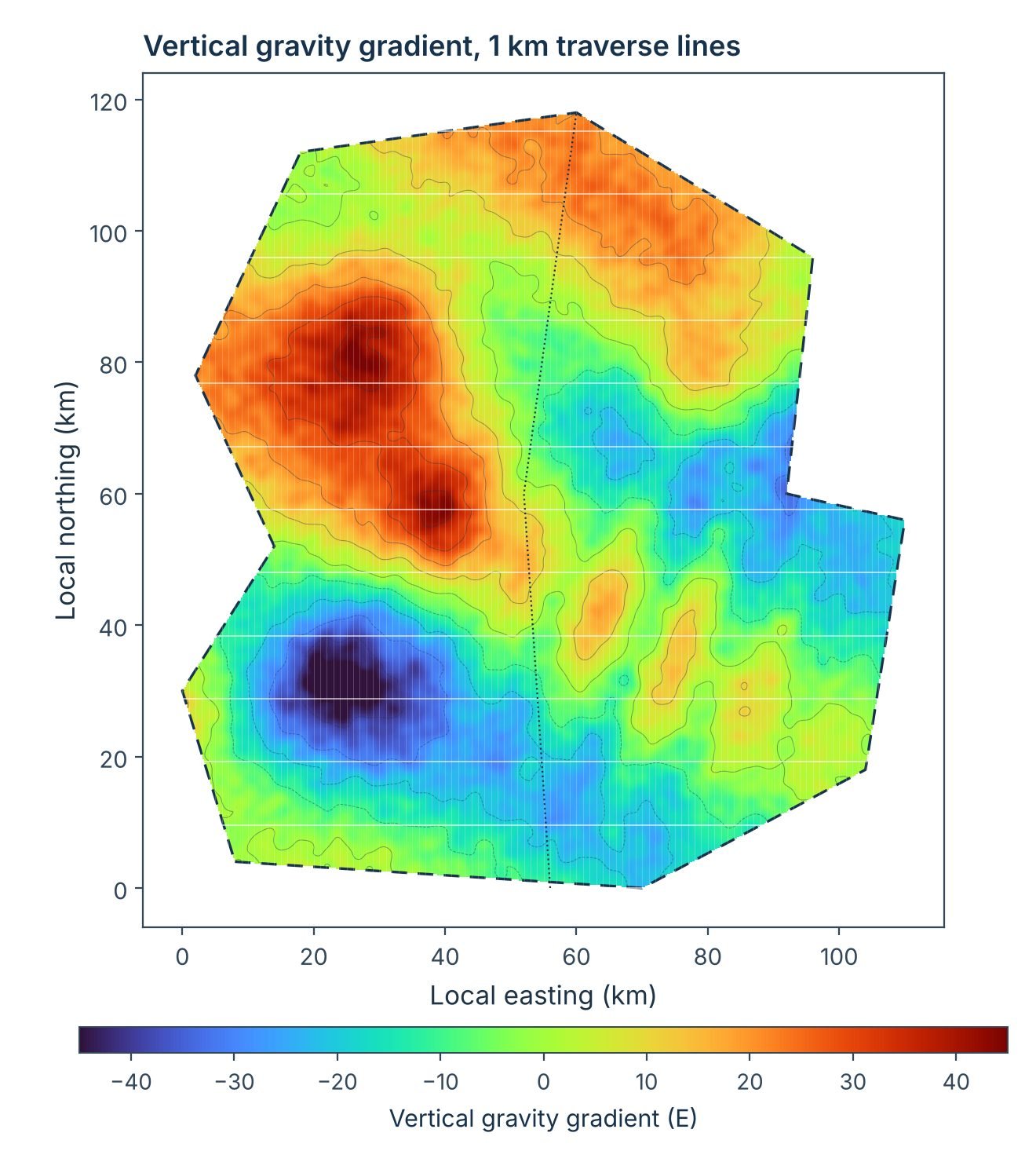 Synthetic vertical gravity gradient map over an irregular survey area with 1 km traverse lines and tie lines.