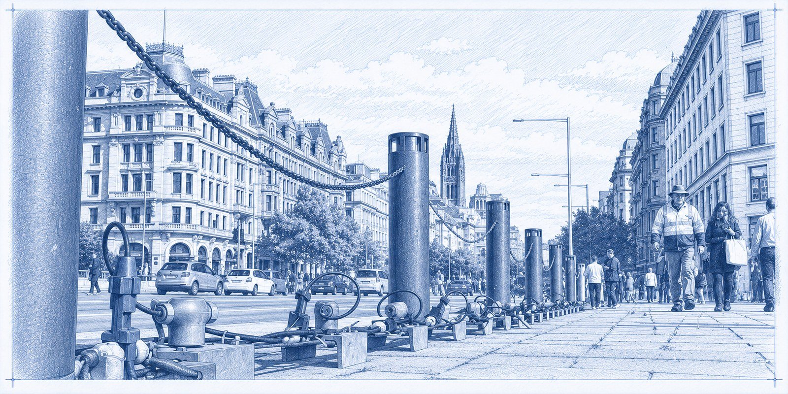 City street works with drilling equipment and pedestrians.
