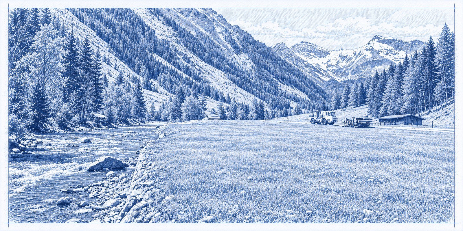 Vibroseis truck parked in an alpine valley beside a river, with snow-capped peaks behind.