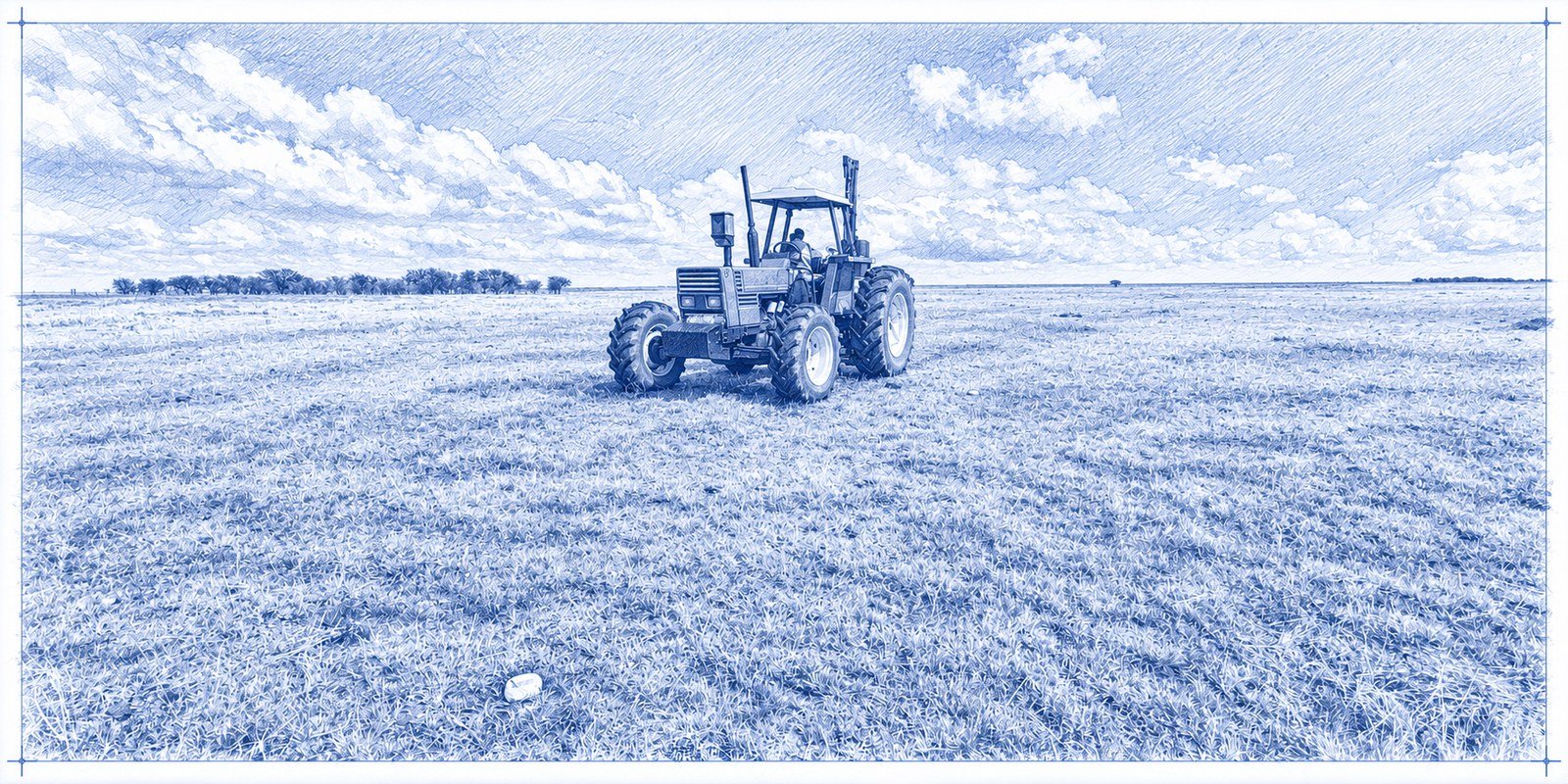 Tractor-mounted weight-drop source on open grassland with a nodal receiver in the foreground.