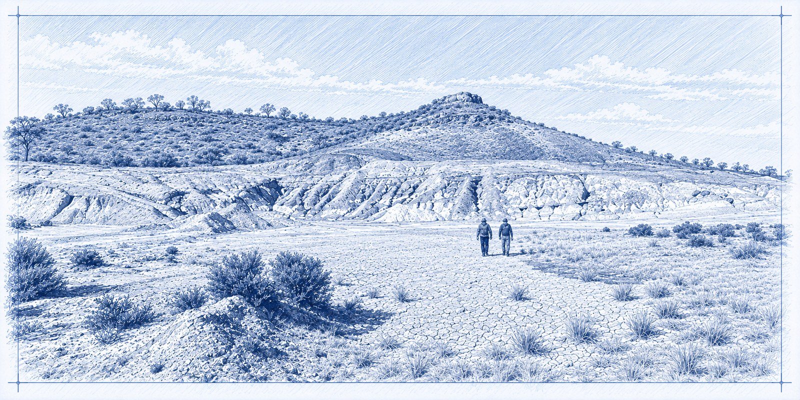 Two geoscientists walking across a dry claypan below weathered, colour-banded outcrop and a rocky hill.