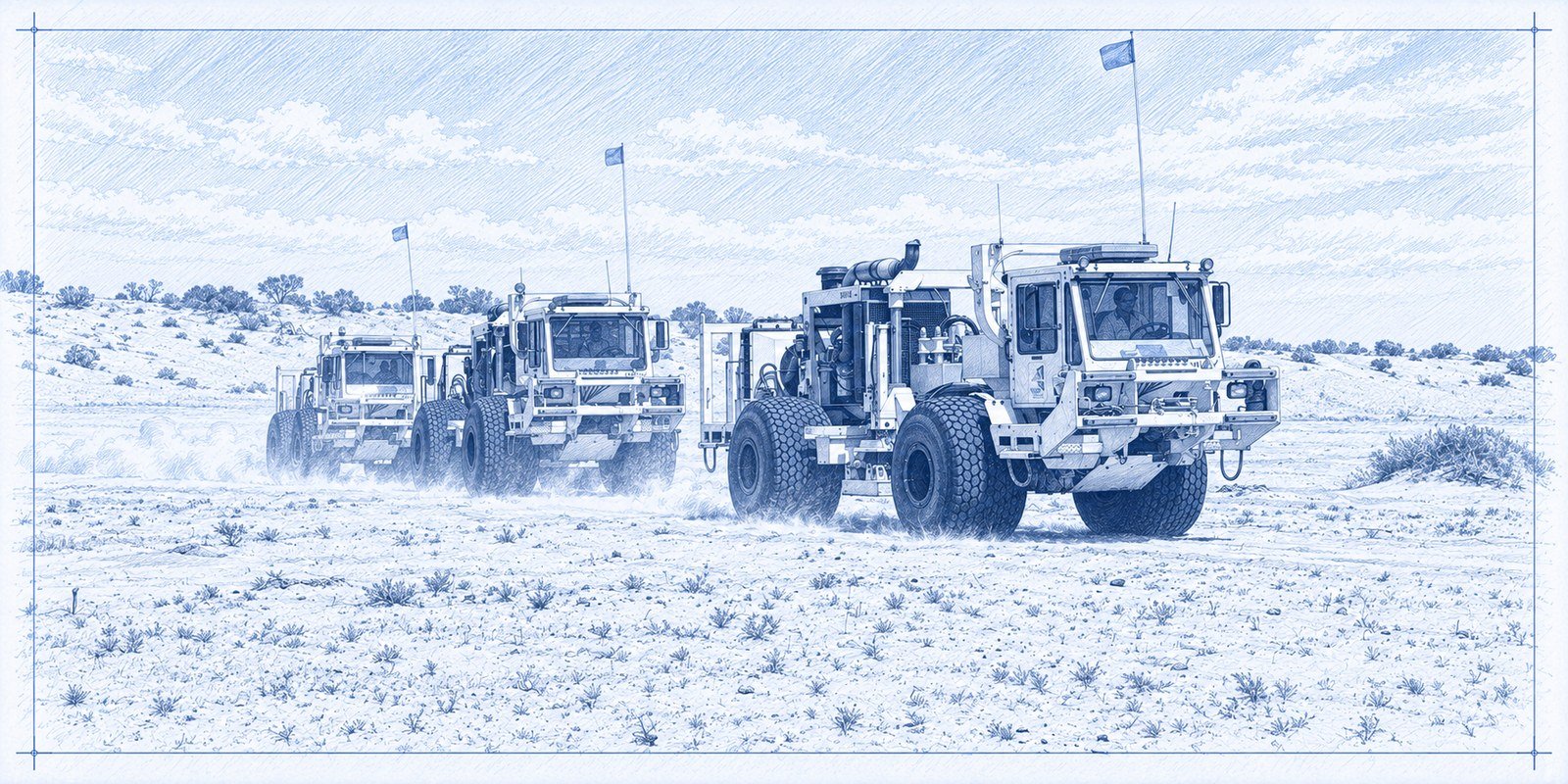 Three vibroseis trucks moving in convoy across sandy desert country.