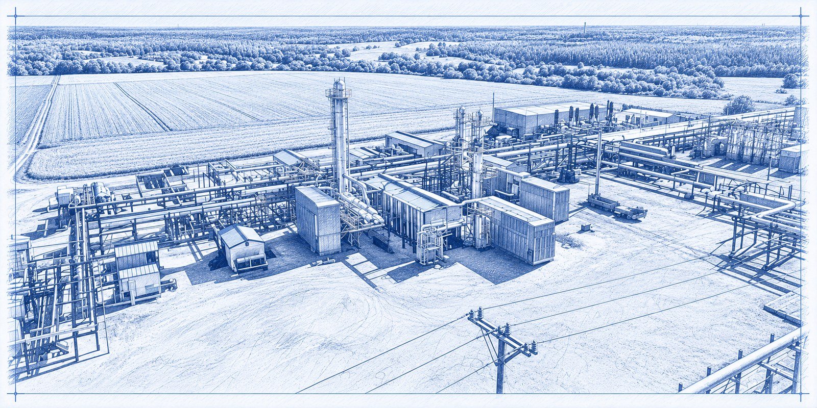 Gas processing and storage facility surrounded by farmland.
