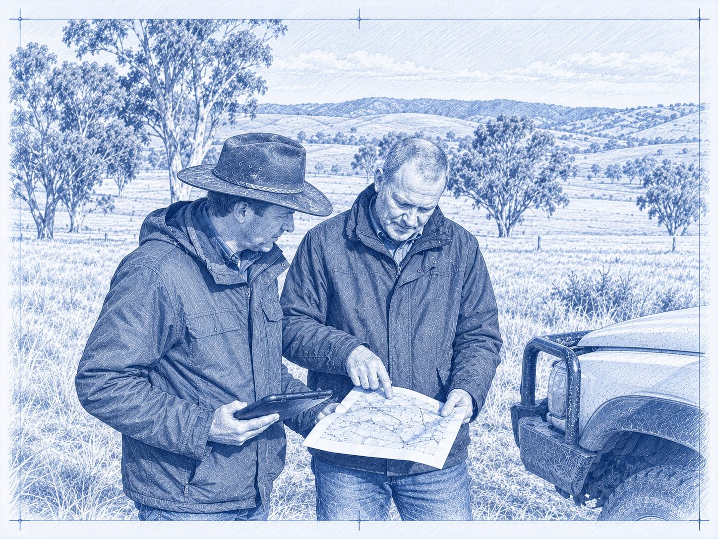 Blueprint-style drawing of two people reviewing a survey access map and tablet beside a field vehicle in open grazing country.