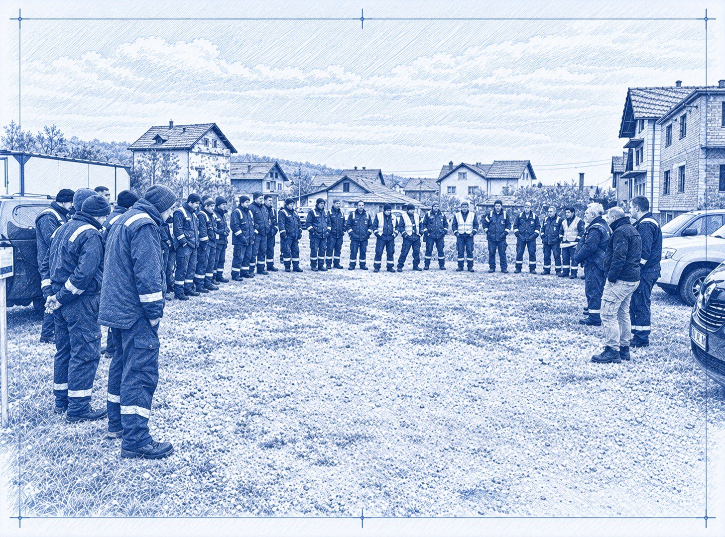 Seismic crew assembled for a morning safety briefing before field operations.