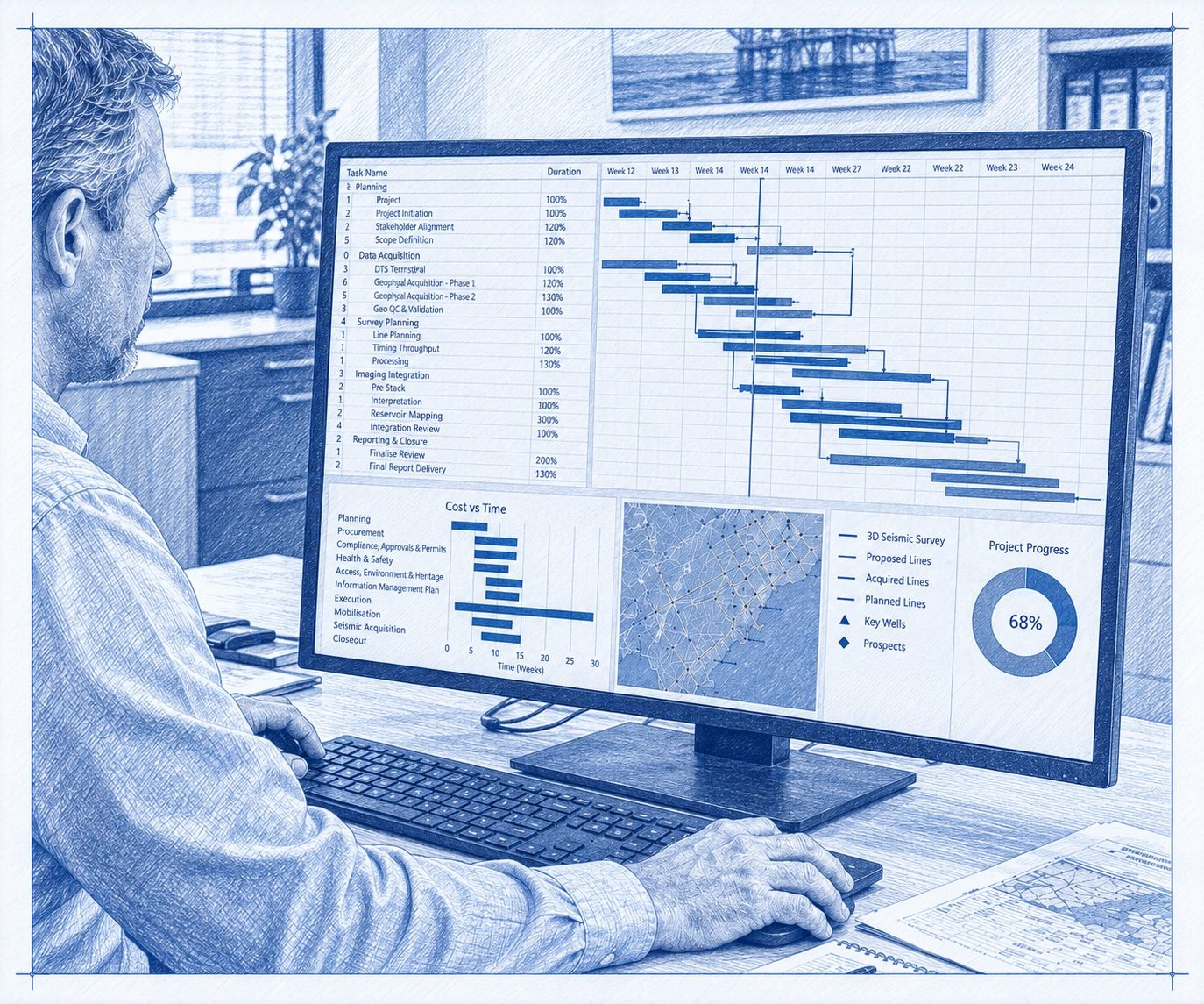 Blueprint-style drawing of a project manager reviewing a seismic programme schedule, cost profile, line map and progress dashboard.