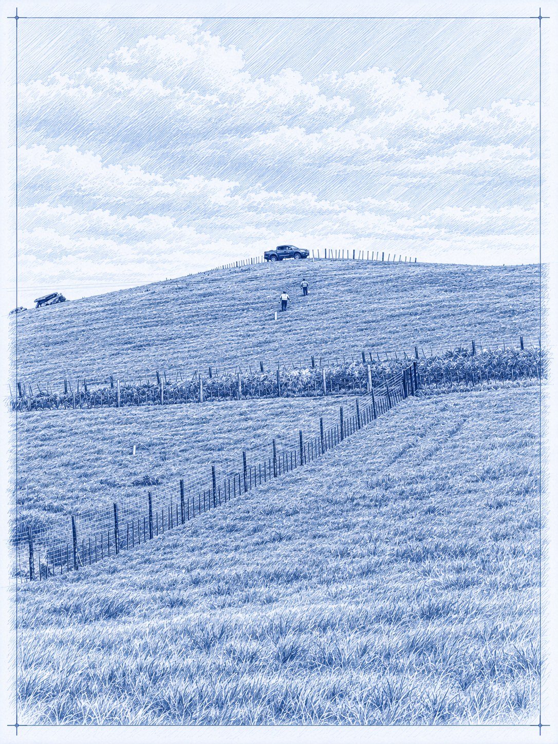 Crew walking a steep green dairy paddock between fence lines to lay out receiver stations.