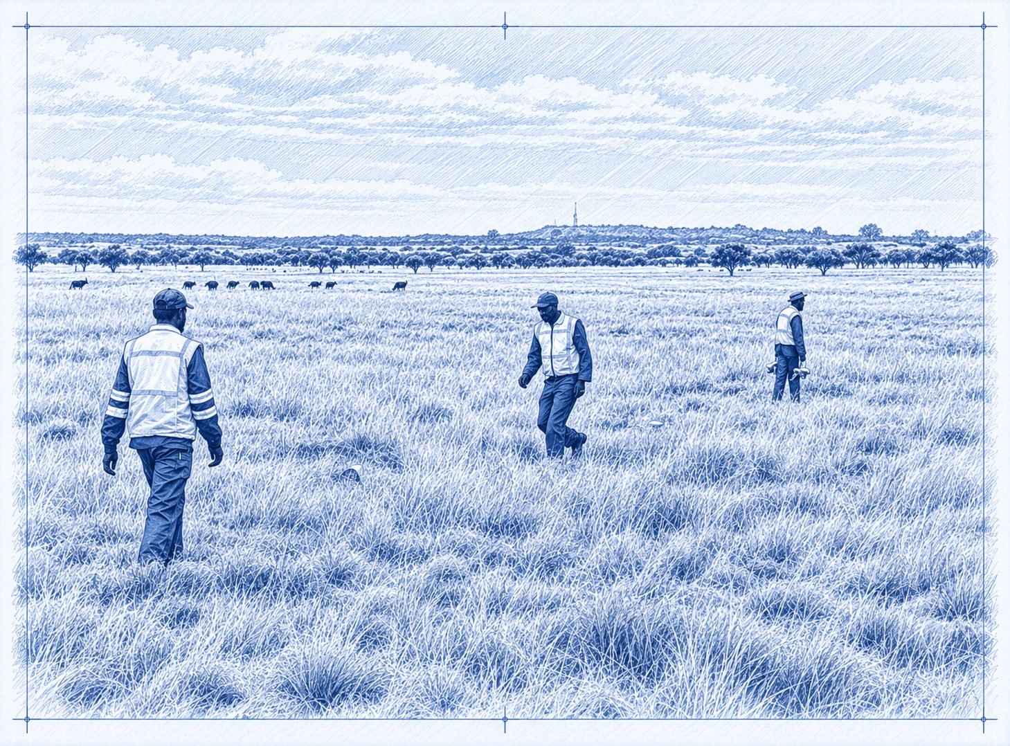 Blueprint-style drawing of a crew laying out nodal receivers across open grassland, with grazing animals and a distant ridge.