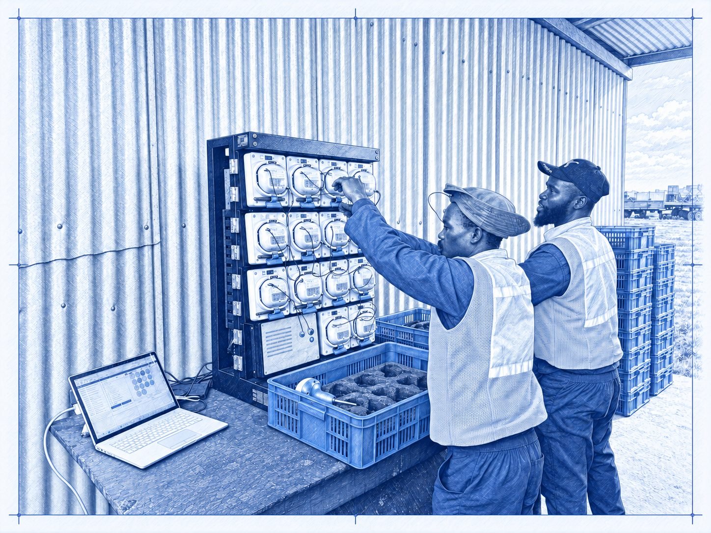 Blueprint-style drawing of two crew members checking nodes on a charging and harvesting rack beside a laptop under a shed.