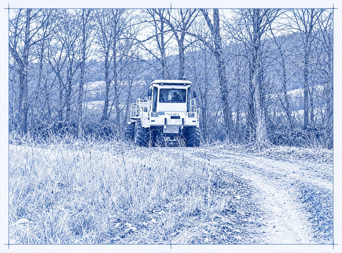 Vibroseis truck working along a dirt track between farmland and woodland.