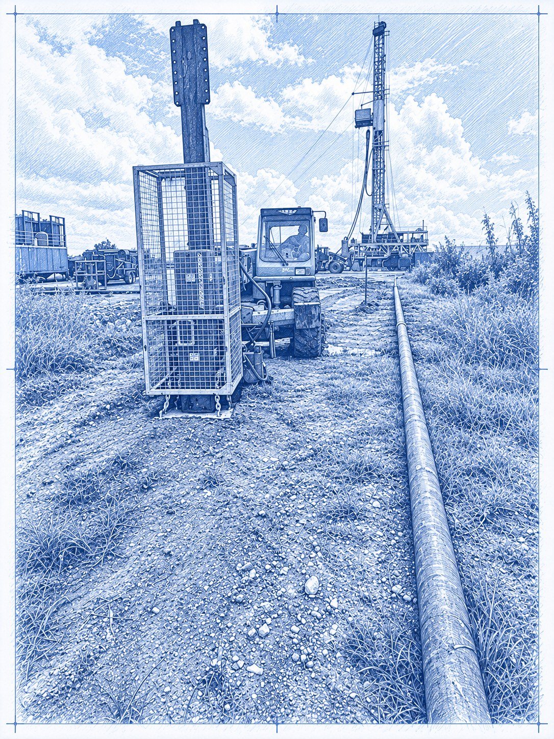 Caged accelerated weight-drop source on a carrier vehicle beside a drilling rig on a cleared site.