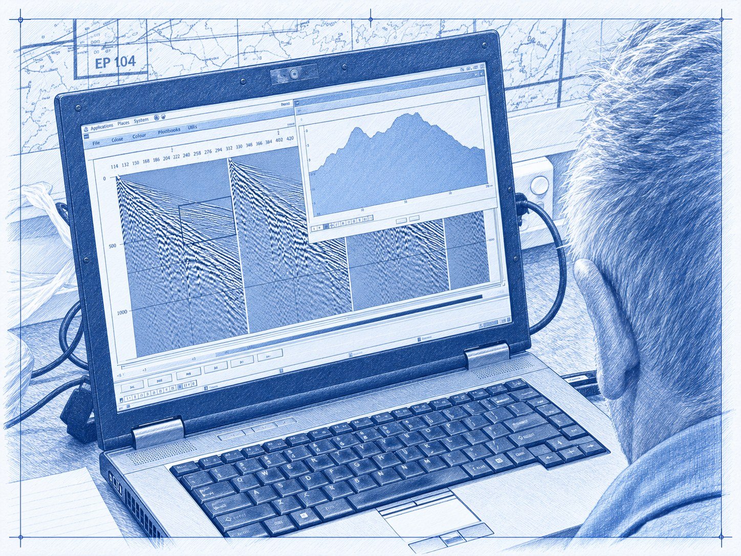 Blueprint-style drawing of a geophysicist reviewing seismic shot records and a spectrum on a field laptop, with a permit map on the wall behind.