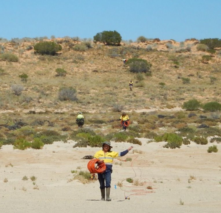 Field crew laying seismic survey lines in remote terrain